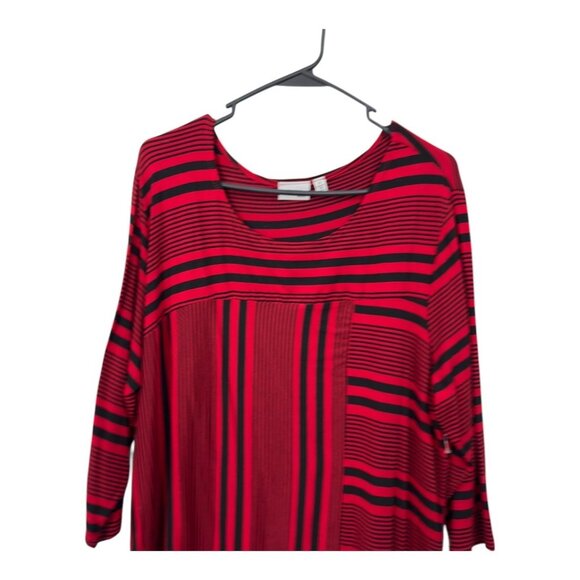 Kim Rogers Woman SZ 2X Red & Black Striped 3/4 Sleeve Tunic Top Asimetric hem - Picture 2 of 9